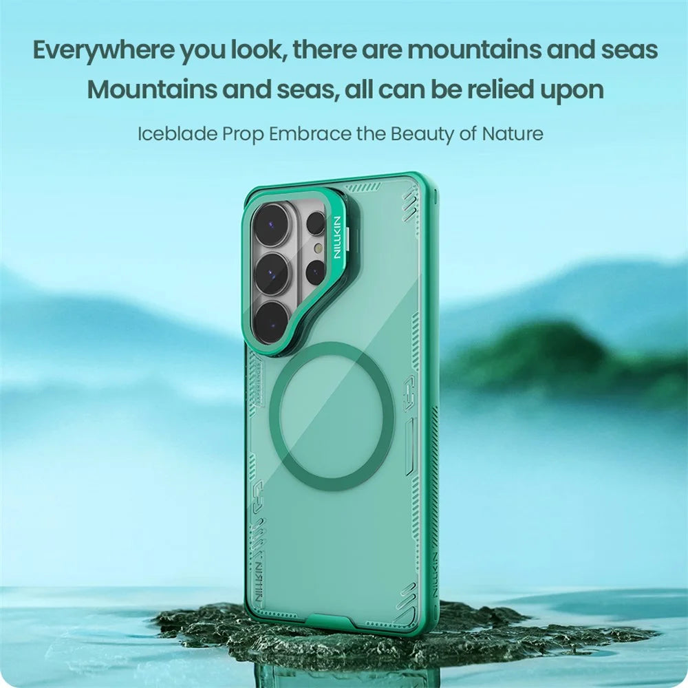 NILLKIN Iceblade CamProp For Samsung Galaxy S26 Ultra Magnetic Case Clear Lens Lid Kickstand PC TPU Phone Cover - Green - 6