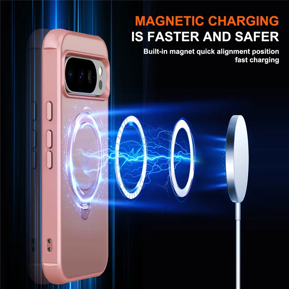 For Google Pixel 9 Pro XL Magnetic Case Kickstand TPU PC Shockproof Phone Back Cover - Pink - 3