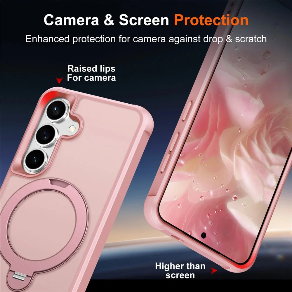 For Samsung Galaxy S25+ Magnetic Case Kickstand TPU PC Shockproof Phone Back Cover - Pink - 6