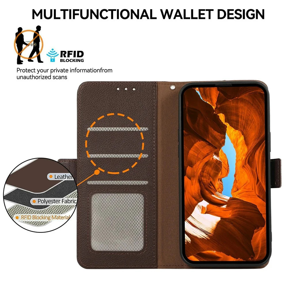 ABEEL For Samsung Galaxy A37 5G Case Litchi Texture Leather RFID Blocking Phone Cover - Brown - 4