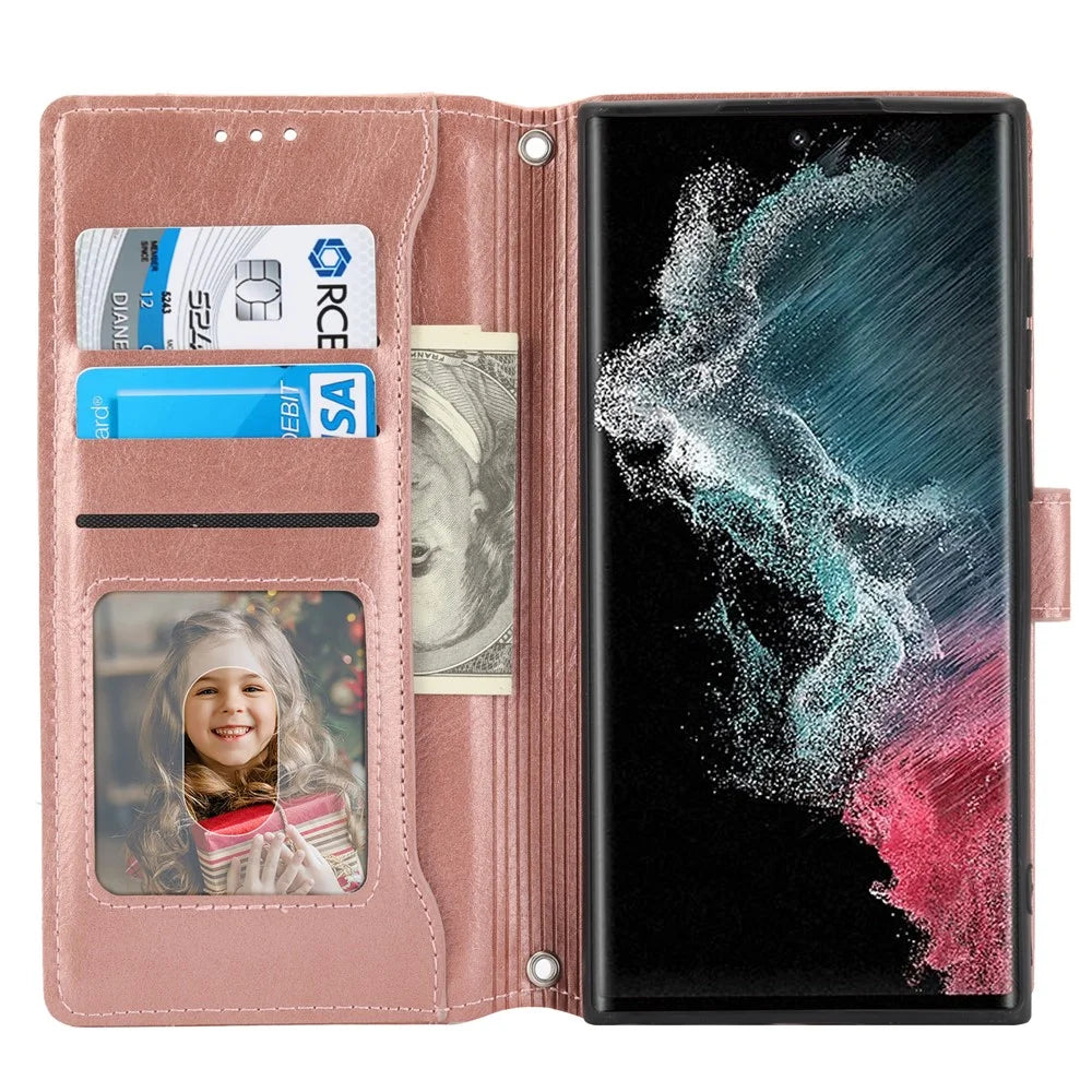 For Samsung Galaxy S26 Ultra Case Zipper Pocket Leather Phone Cover with Crossbody Shoulder Strap - Rose Gold - 2