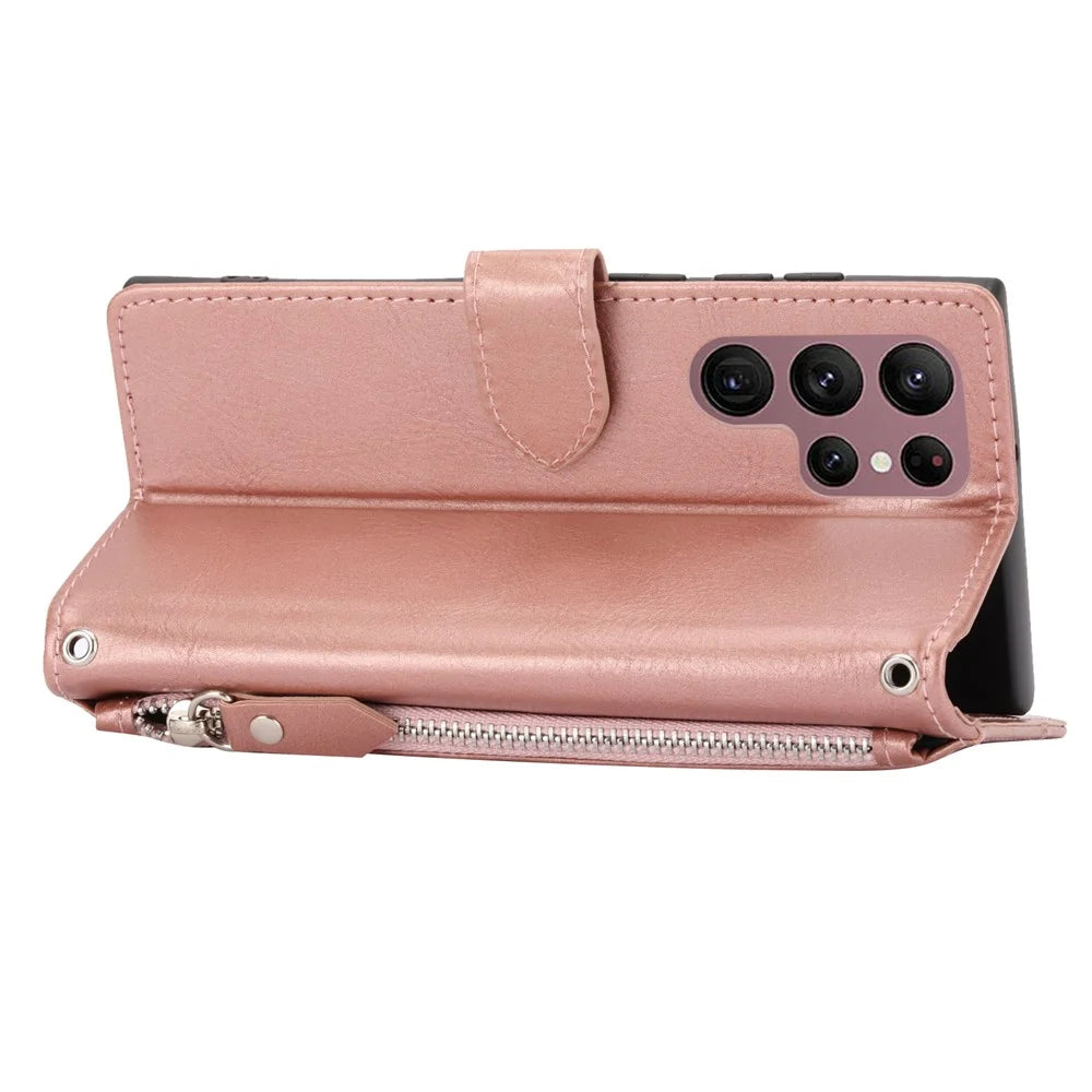 For Samsung Galaxy S26 Ultra Case Zipper Pocket Leather Phone Cover with Crossbody Shoulder Strap - Rose Gold - 4