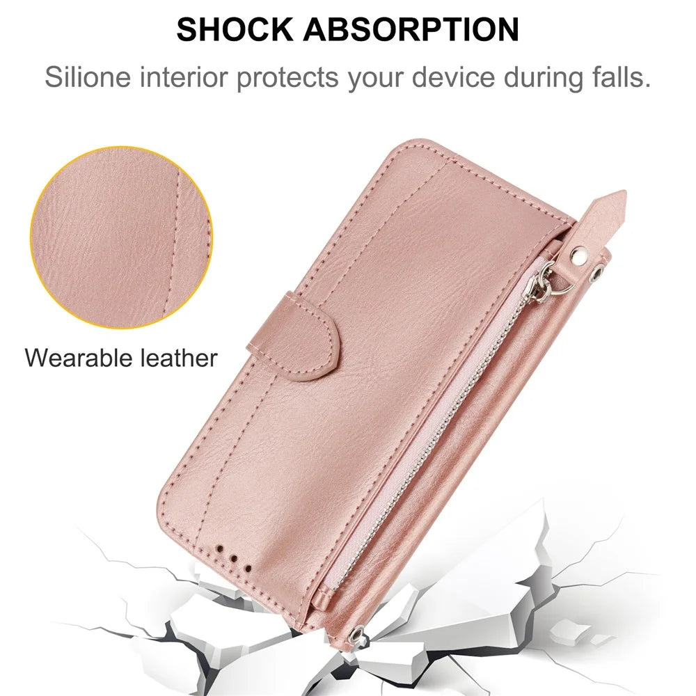 For Samsung Galaxy S26 Ultra Case Zipper Pocket Leather Phone Cover with Crossbody Shoulder Strap - Rose Gold - 7