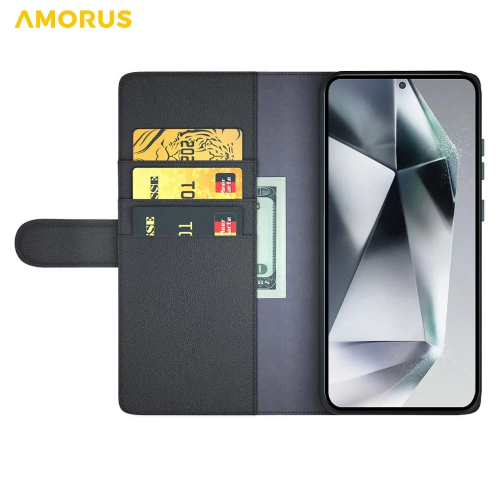 AMORUS For Samsung Galaxy S22 Ultra 5G Stand Cases Calf Texture Genuine Split Leather Wallet Phone Cover - Black - 2