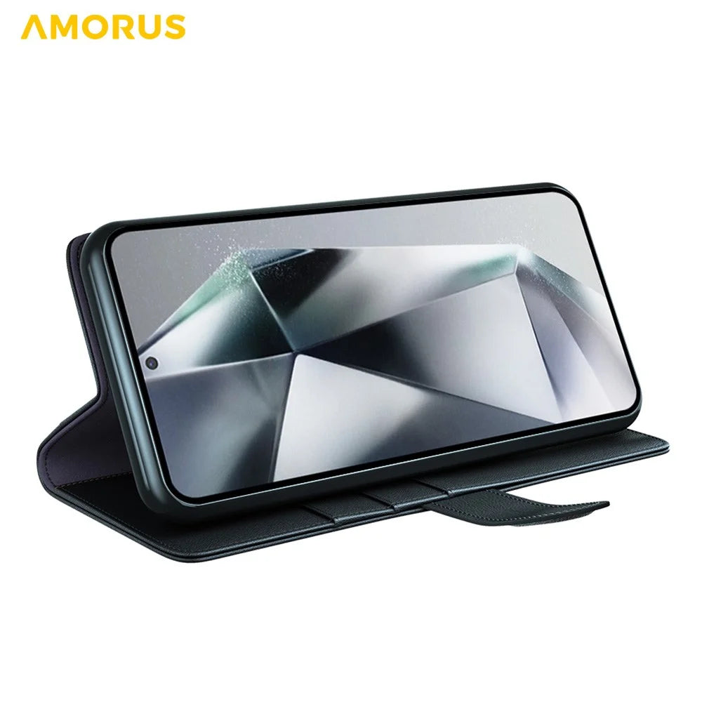 AMORUS For Samsung Galaxy S22 Ultra 5G Stand Cases Calf Texture Genuine Split Leather Wallet Phone Cover - Black - 3