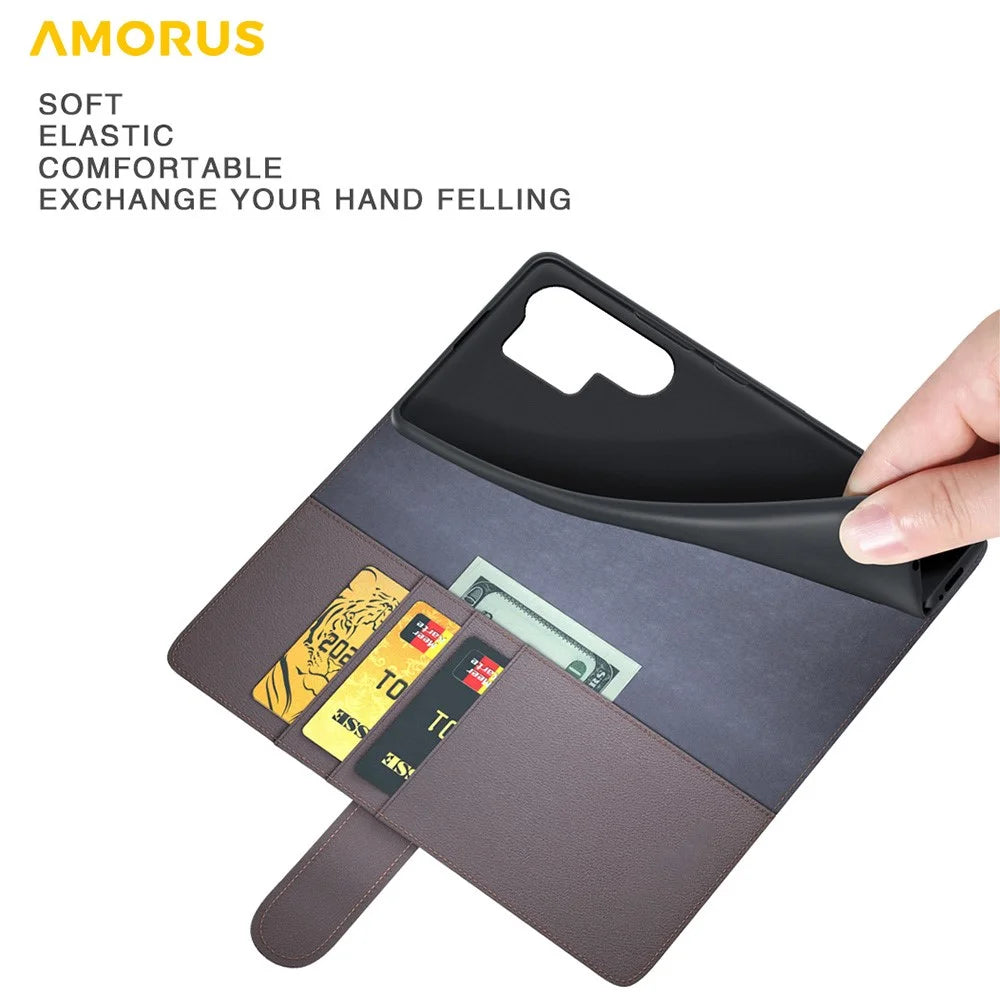AMORUS For Samsung Galaxy S22 Ultra 5G Stand Cases Calf Texture Genuine Split Leather Wallet Phone Cover - Black - 5