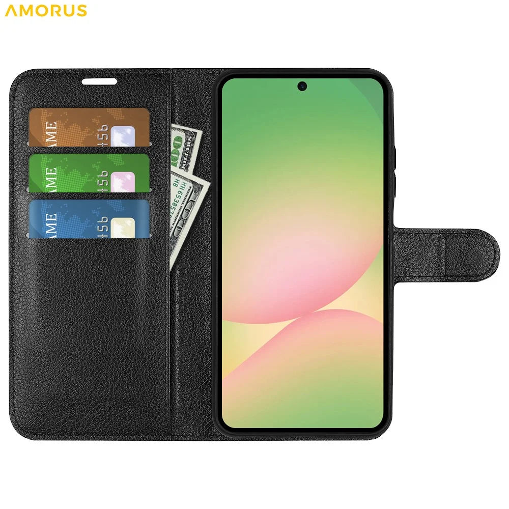AMORUS For Samsung Galaxy A57 5G Wallet Case Litchi Texture Shockproof Leather Flip Stand Phone Cover - Black - 2