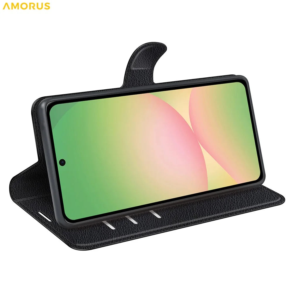 AMORUS For Samsung Galaxy A57 5G Wallet Case Litchi Texture Shockproof Leather Flip Stand Phone Cover - Black - 3