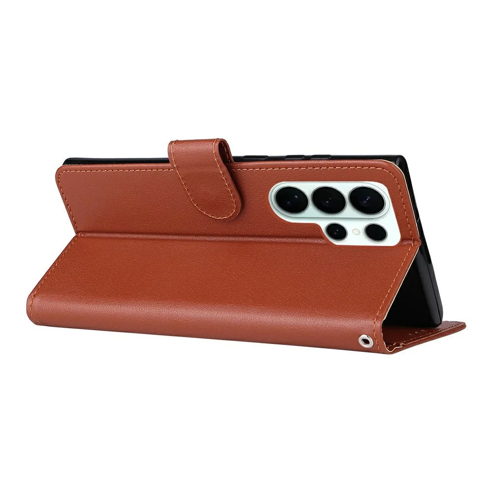 For Samsung Galaxy S26 Ultra Case Wallet Stand PU Leather Phone Cover with Wrist Strap - Brown - 4