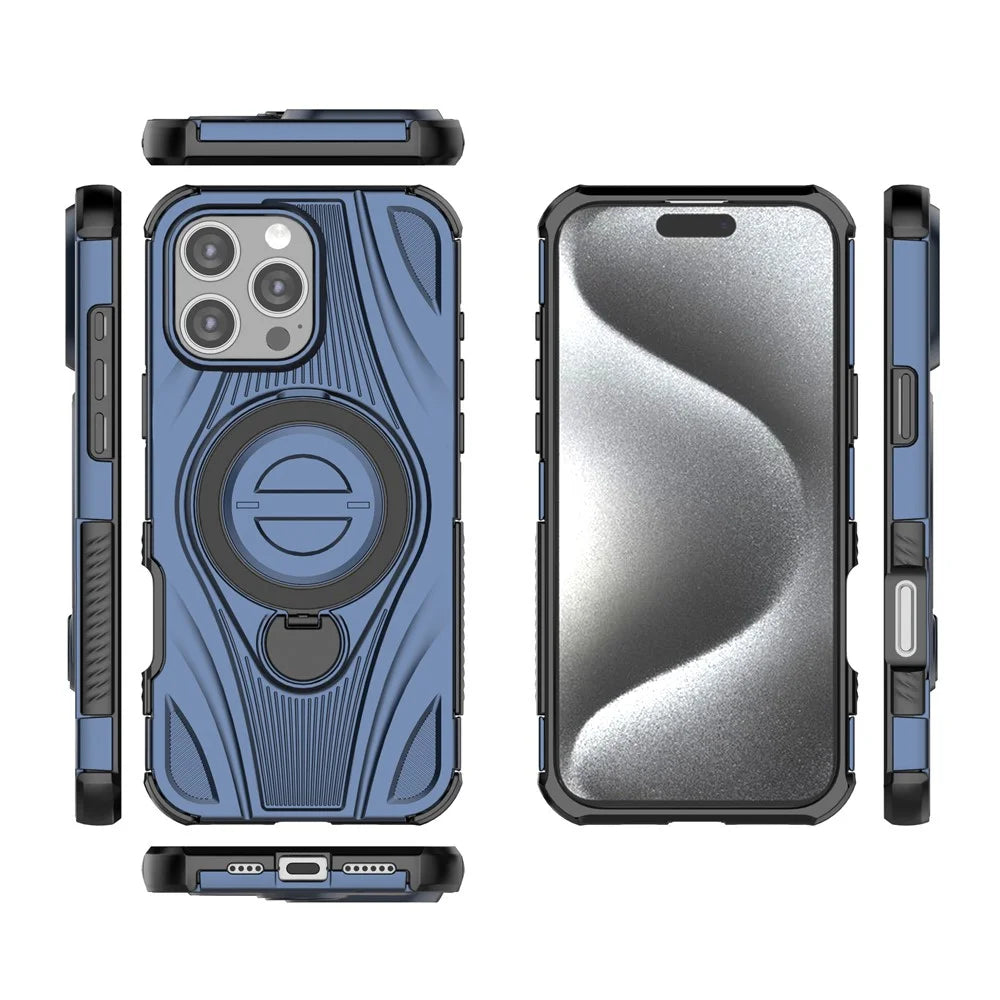 For iPhone 16 Pro Max Magnetic Case Rotating Kickstand TPU PC Shockproof Phone Back Cover Compatible with MagSafe - Dark Blue - 4
