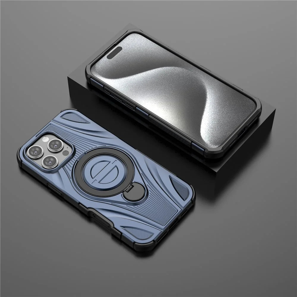 For iPhone 16 Pro Max Magnetic Case Rotating Kickstand TPU PC Shockproof Phone Back Cover Compatible with MagSafe - Dark Blue - 5
