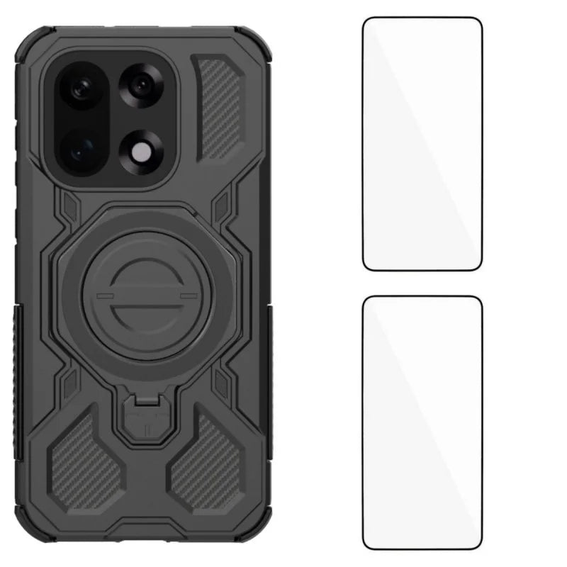 WANLONFENG For OnePlus 15 5G Case Kickstand with 2Pcs Screen Film  KJ Series PC TPU Phone Cover (Big Lens Hole) - Black - 1