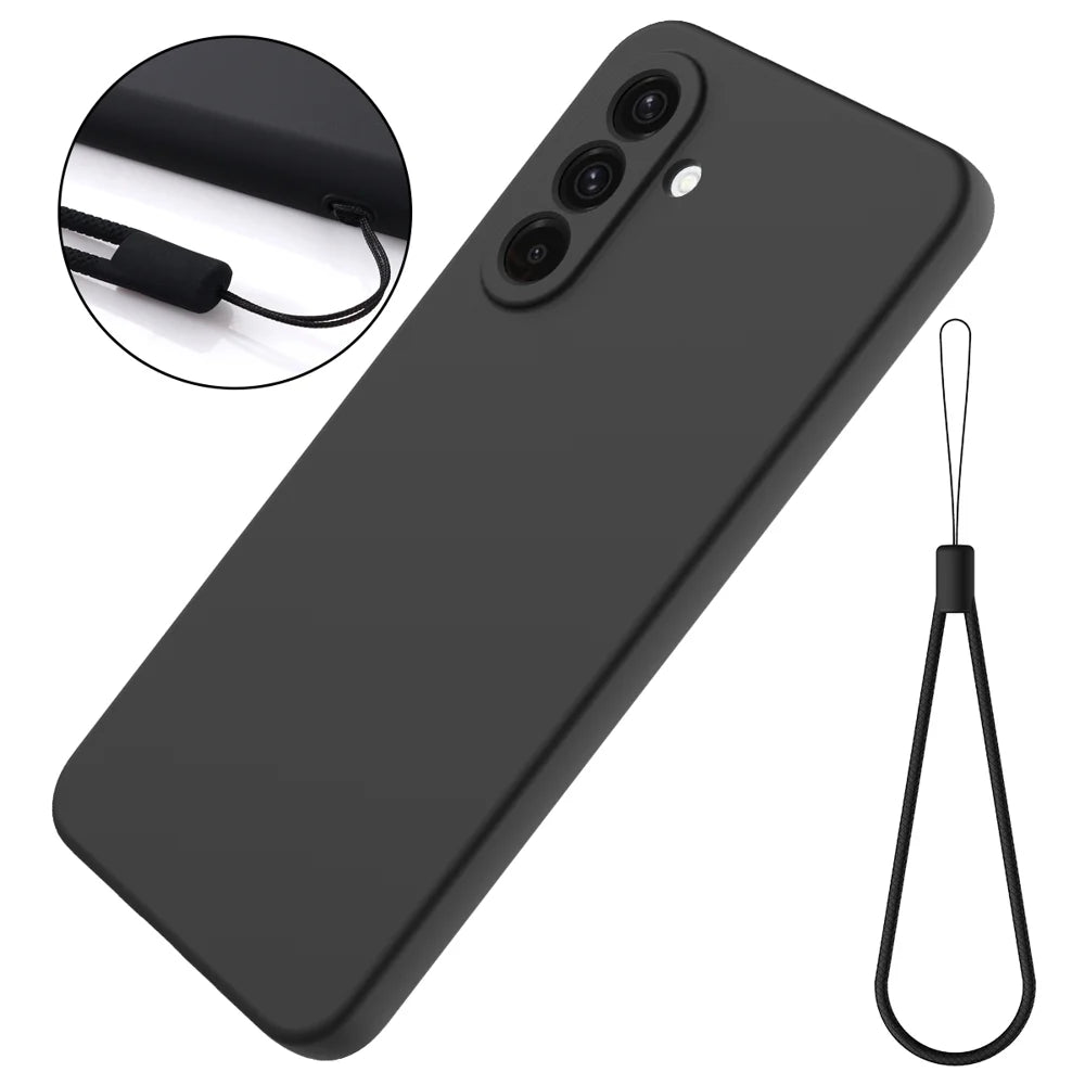 For Samsung Galaxy A57 5G Liquid Silicone Case Phone Back Cover with Hand Strap - Black - 7