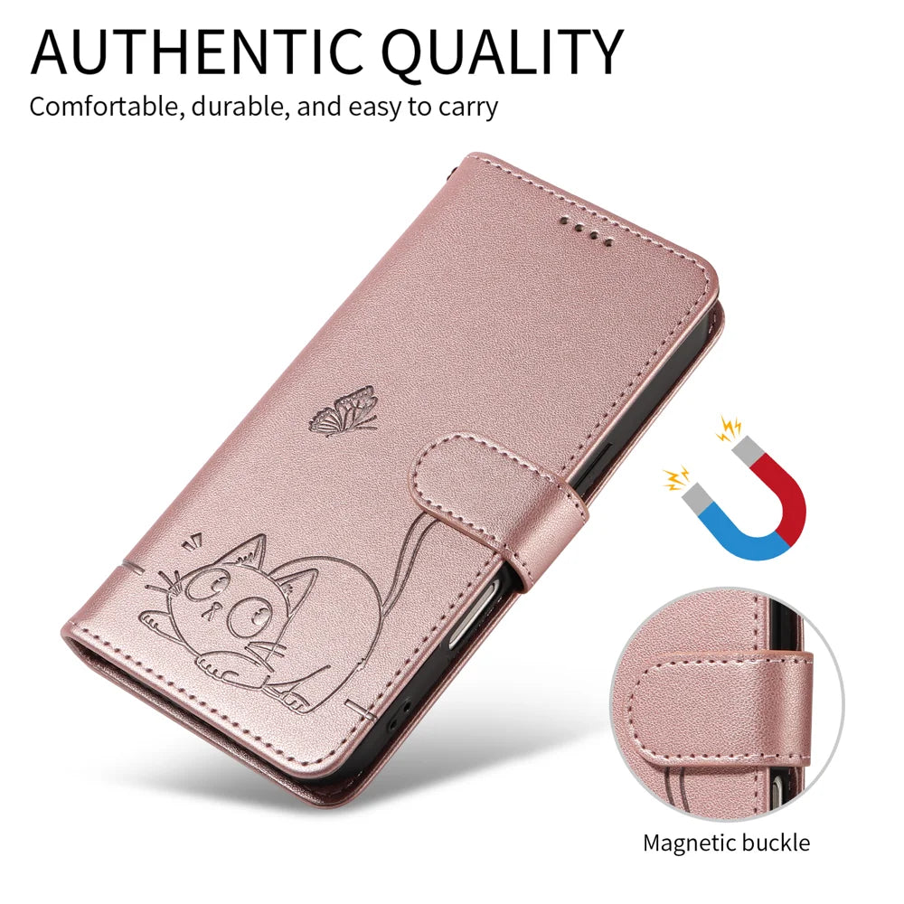 For Google Pixel 10a Case Cat Pattern Imprint Leather Phone Cover with Wrist Strap - Rose Gold - 3