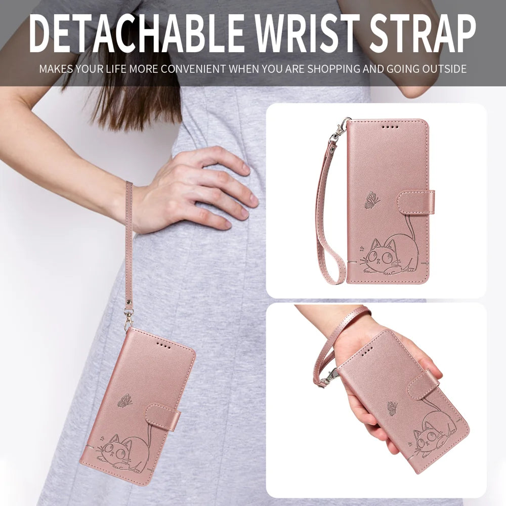 For Google Pixel 10a Case Cat Pattern Imprint Leather Phone Cover with Wrist Strap - Rose Gold - 4