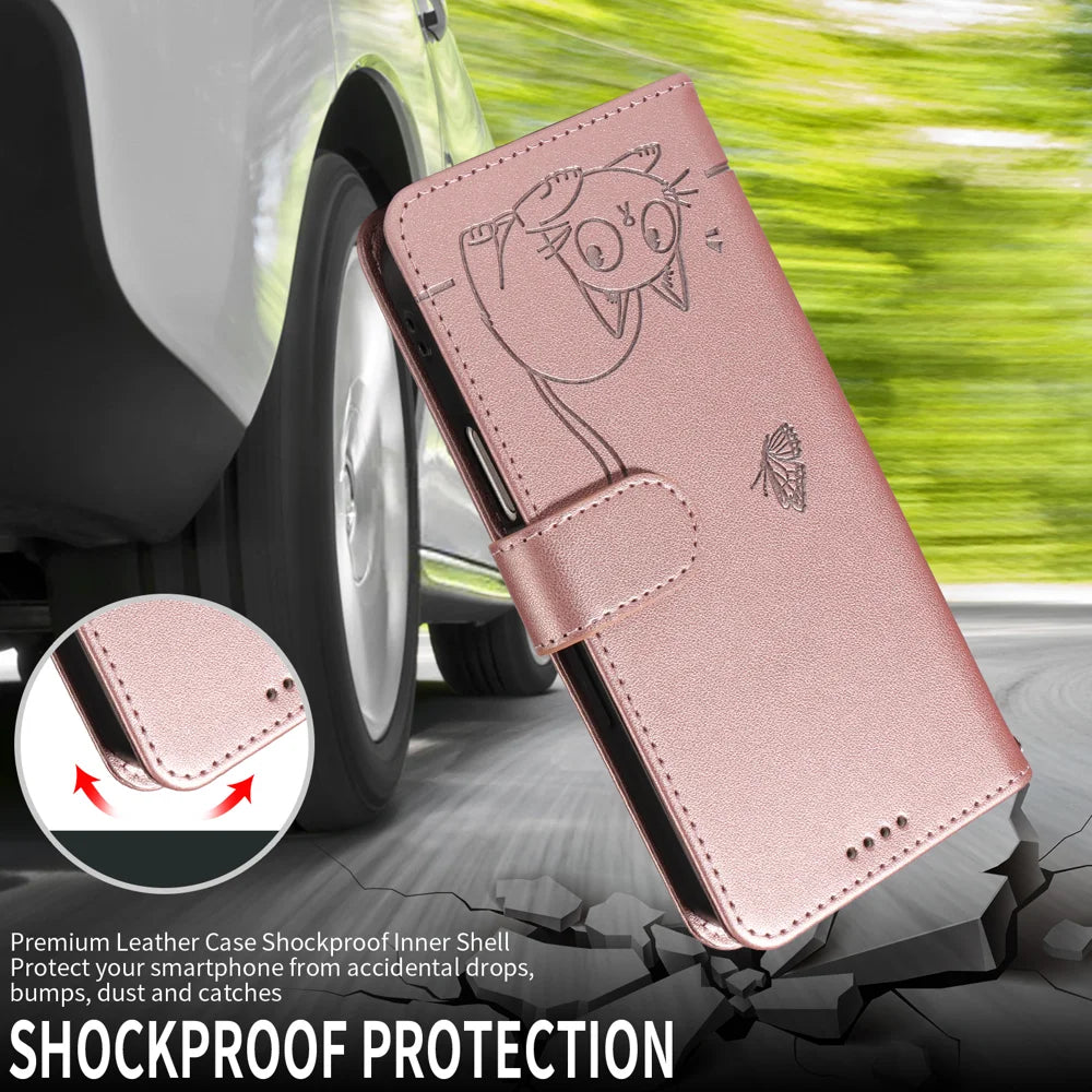For Google Pixel 10a Case Cat Pattern Imprint Leather Phone Cover with Wrist Strap - Rose Gold - 5