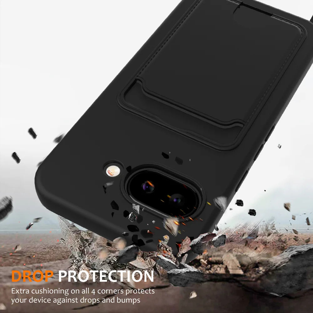 For Google Pixel 10a Case Liquid Silicone Card Holder Back Phone Cover with Lanyard - Black - 2