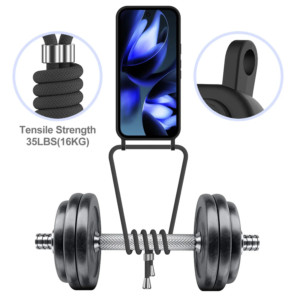For Google Pixel 10a Case Liquid Silicone Card Holder Back Phone Cover with Lanyard - Black - 6