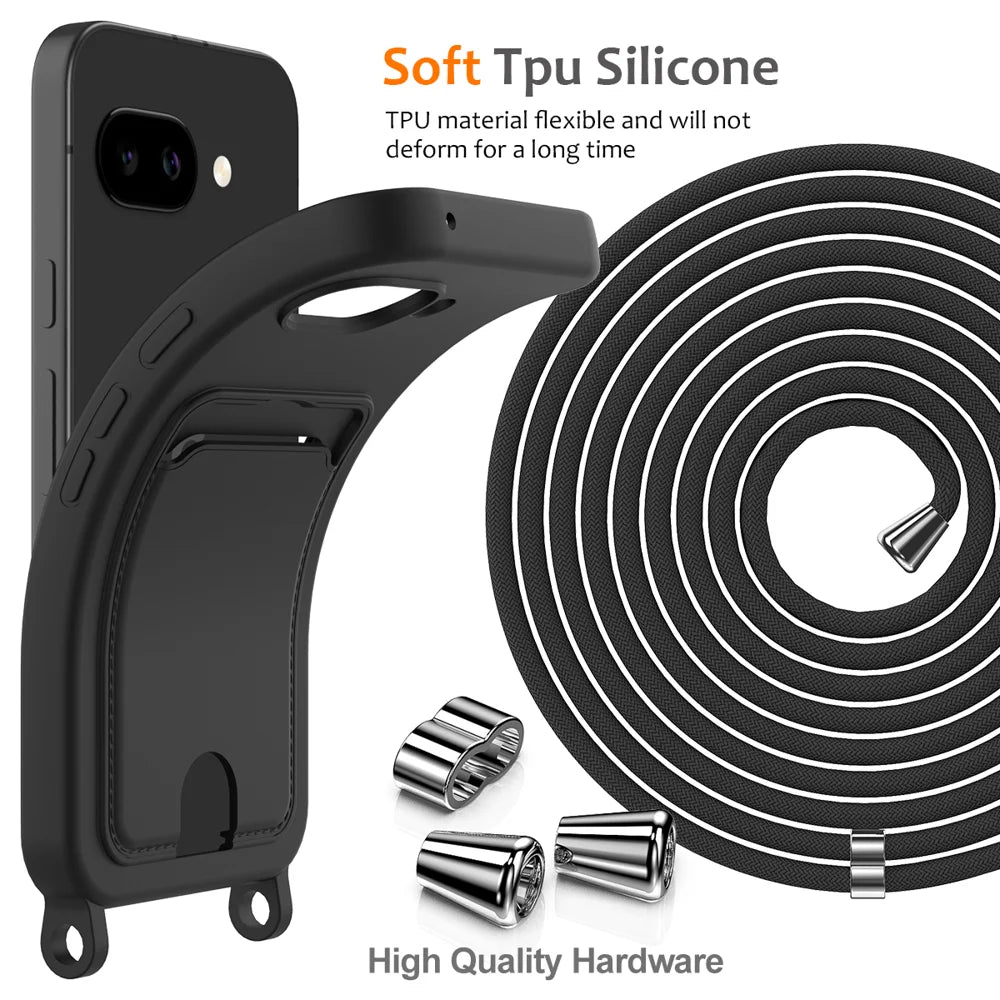 For Google Pixel 10a Case Liquid Silicone Card Holder Back Phone Cover with Lanyard - Black - 7