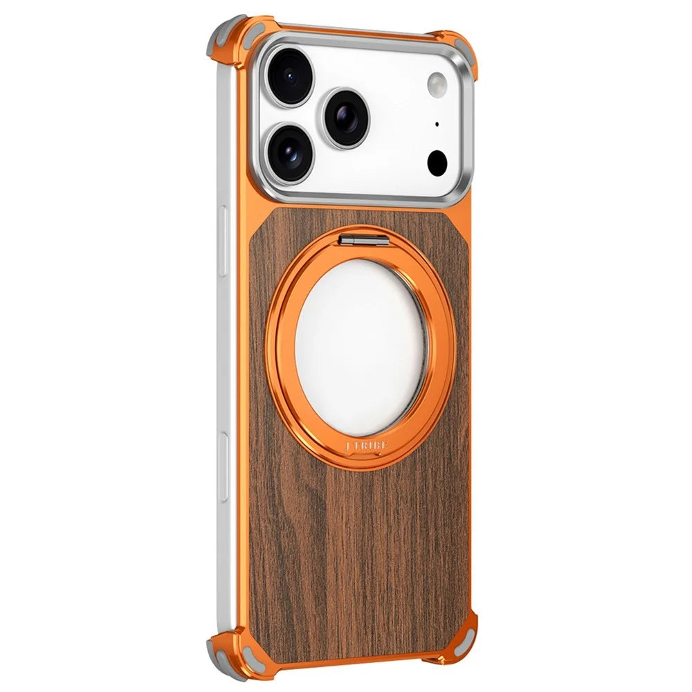 For iPhone 17 Pro Max Magnetic Case Wood + Metal Frameless Hollow Design Phone Cover with Rotating Kickstand - Orange - 2