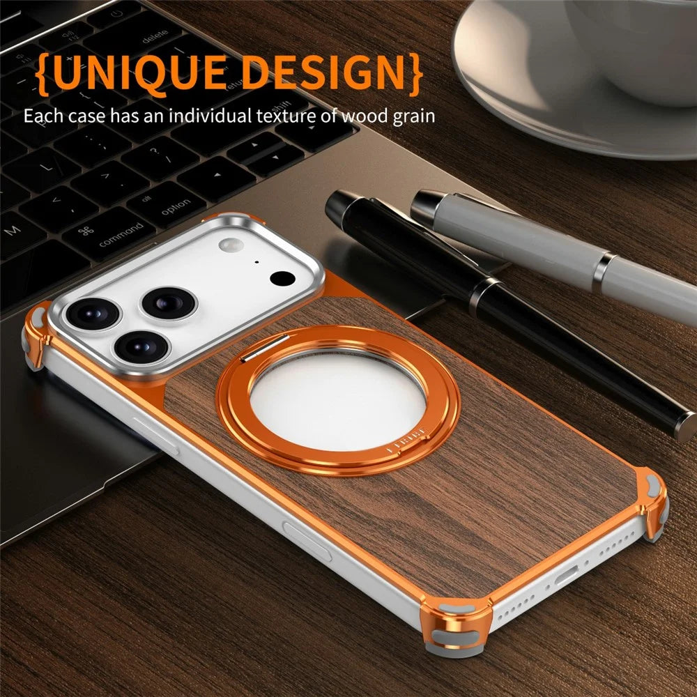 For iPhone 17 Pro Magnetic Case Wood + Metal Frameless Hollow Design Phone Cover with Rotating Kickstand - Orange - 4