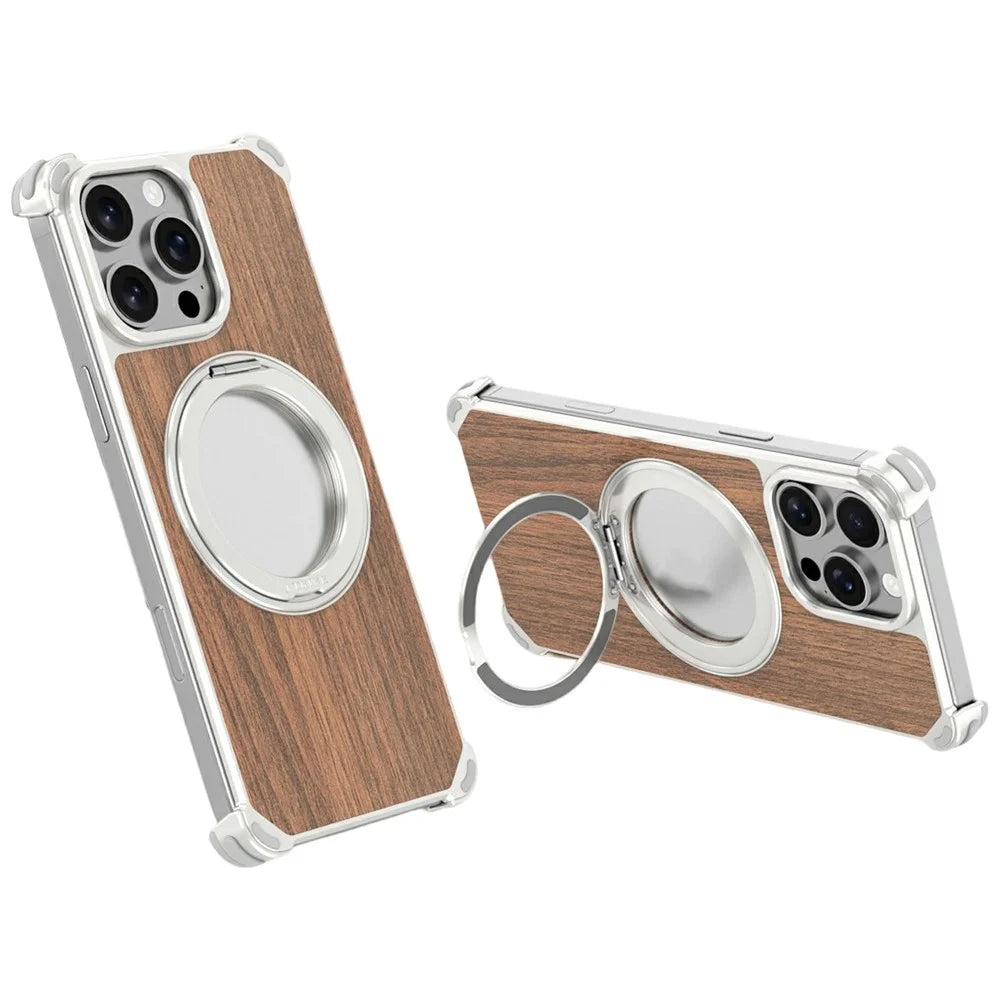 For iPhone 16 Pro Max Magnetic Case Wood + Metal Frameless Hollow Design Phone Cover with Rotating Kickstand - Titanium - 1
