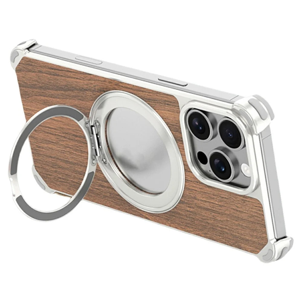For iPhone 16 Pro Max Magnetic Case Wood + Metal Frameless Hollow Design Phone Cover with Rotating Kickstand - Titanium - 2