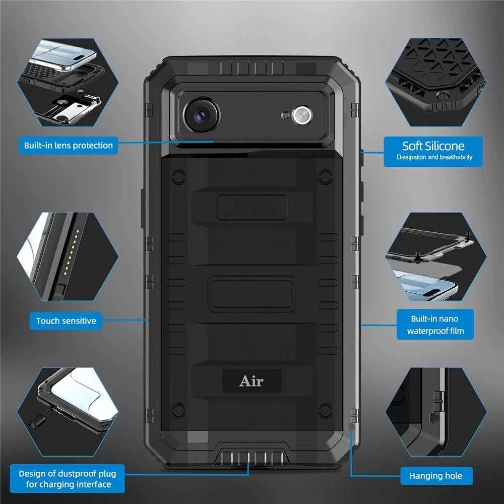 IP68 Waterproof Phone Case for iPhone Air Metal + Silicone Cover with Screen Protector - Black - 7