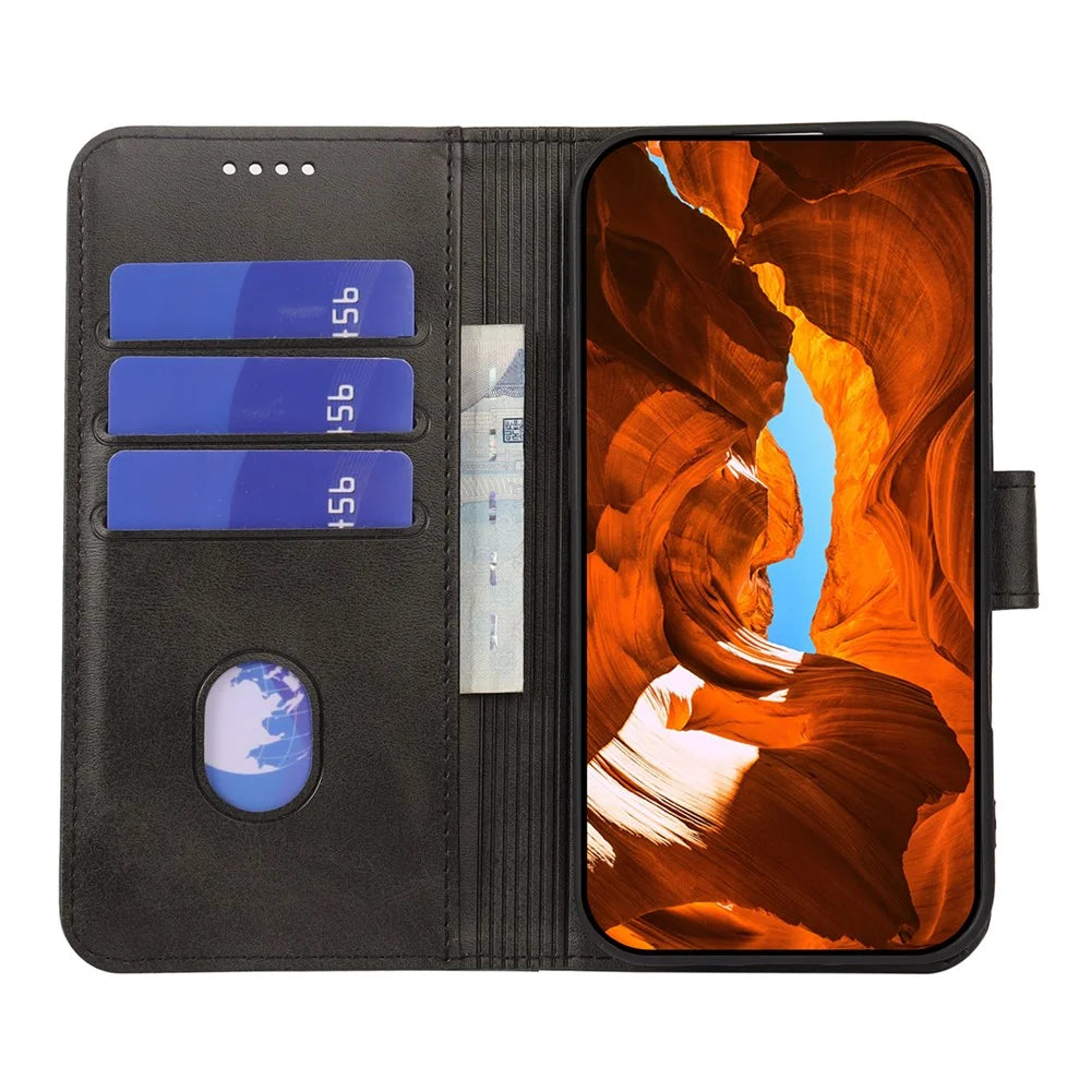 For Samsung Galaxy S25+ Case Wallet Stand Magnetic Clasp Closure Calf Texture Leather Phone Cover - Black - 3