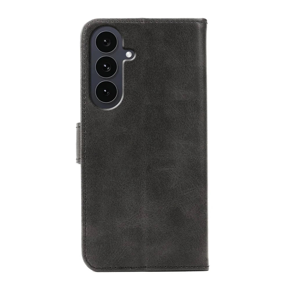 For Samsung Galaxy S25+ Case Wallet Stand Magnetic Clasp Closure Calf Texture Leather Phone Cover - Black - 6