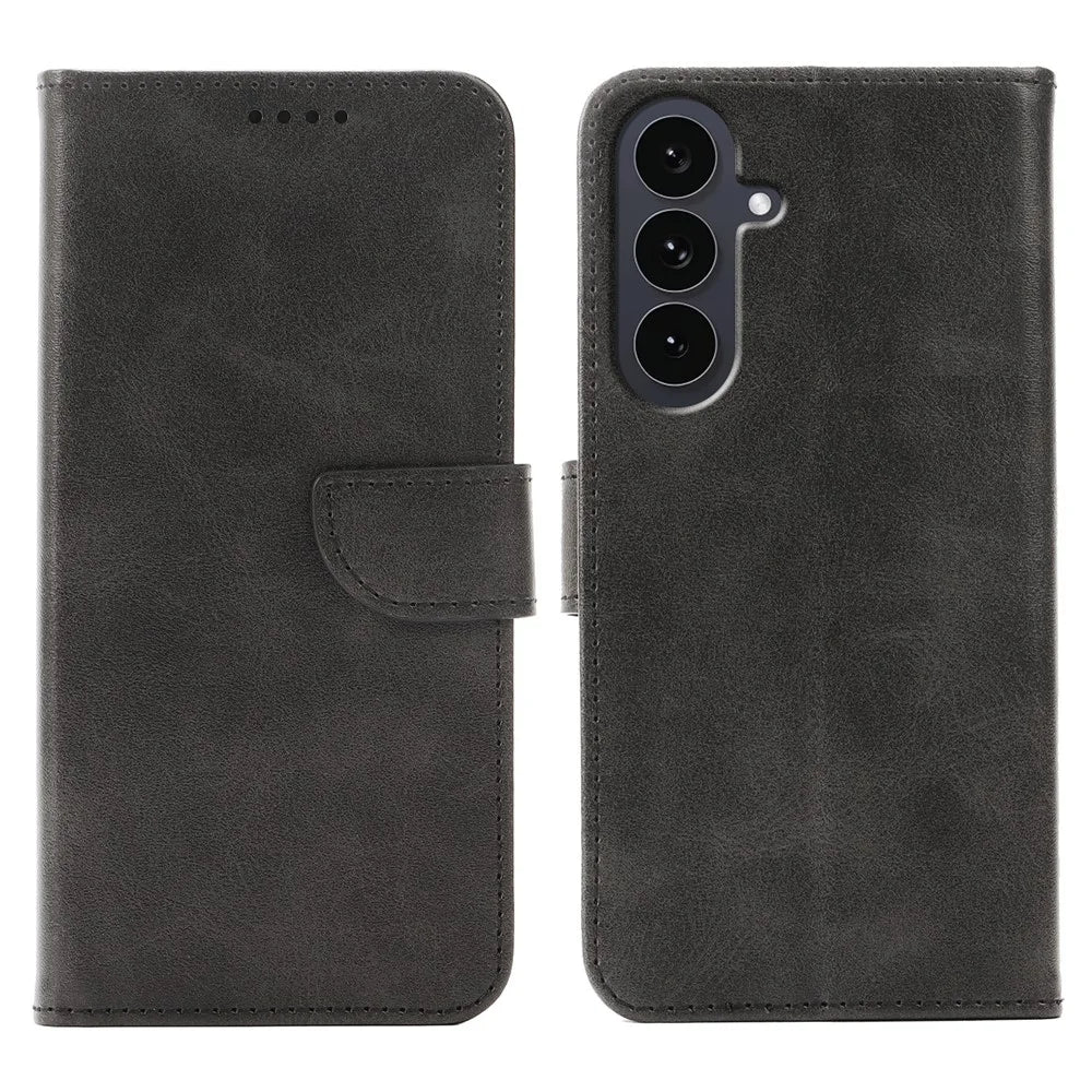 For Samsung Galaxy S24 Case Wallet Stand Magnetic Clasp Closure Calf Texture Leather Phone Cover - Black - 1