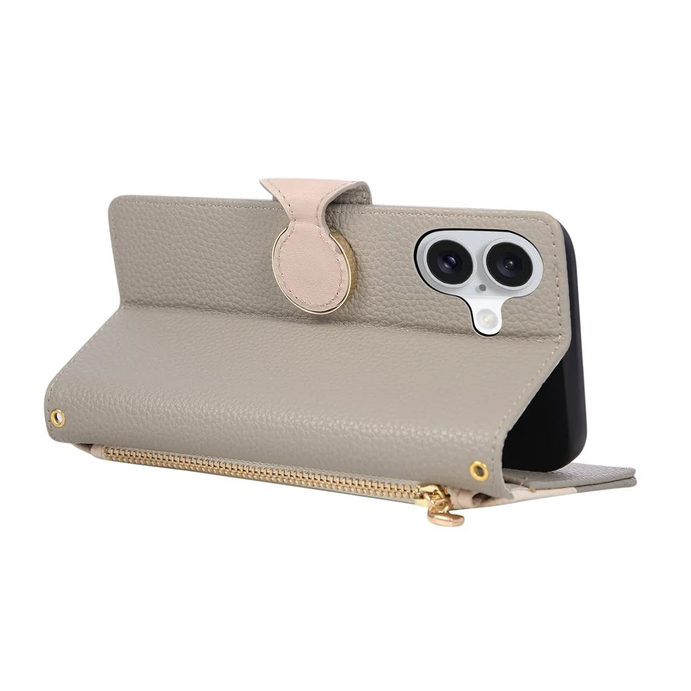 For iPhone 17 Case Zipper Wallet Color Splicing TPU PU Leather Flip Phone Cover with Strap - Grey - 4
