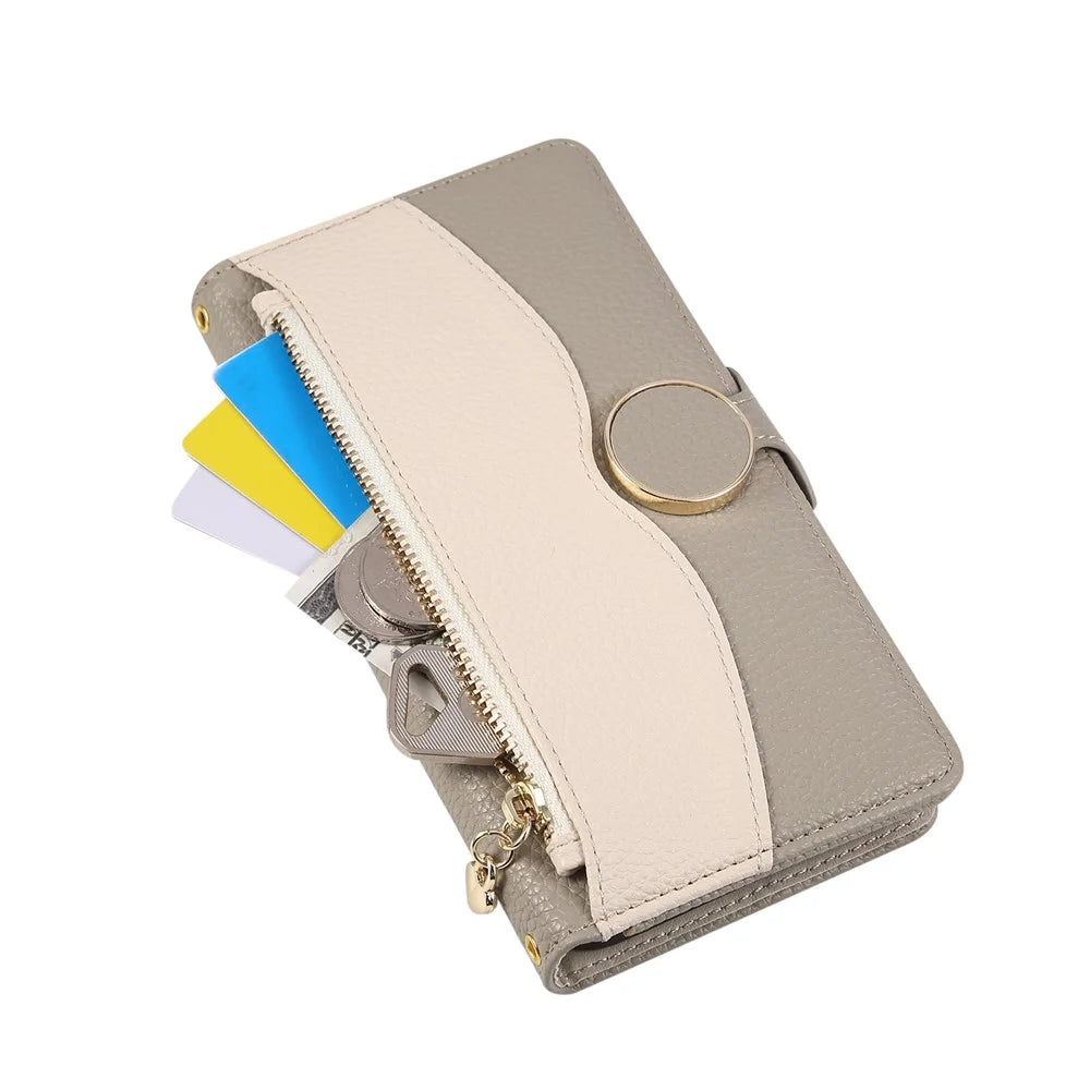 For iPhone 17 Case Zipper Wallet Color Splicing TPU PU Leather Flip Phone Cover with Strap - Grey - 5