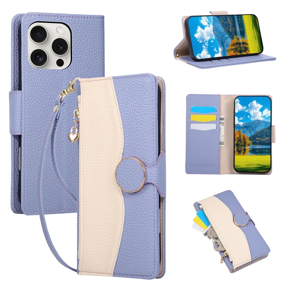 For iPhone 16 Pro Case Zipper Wallet Color Splicing TPU PU Leather Flip Phone Cover with Strap  - Purple - 1