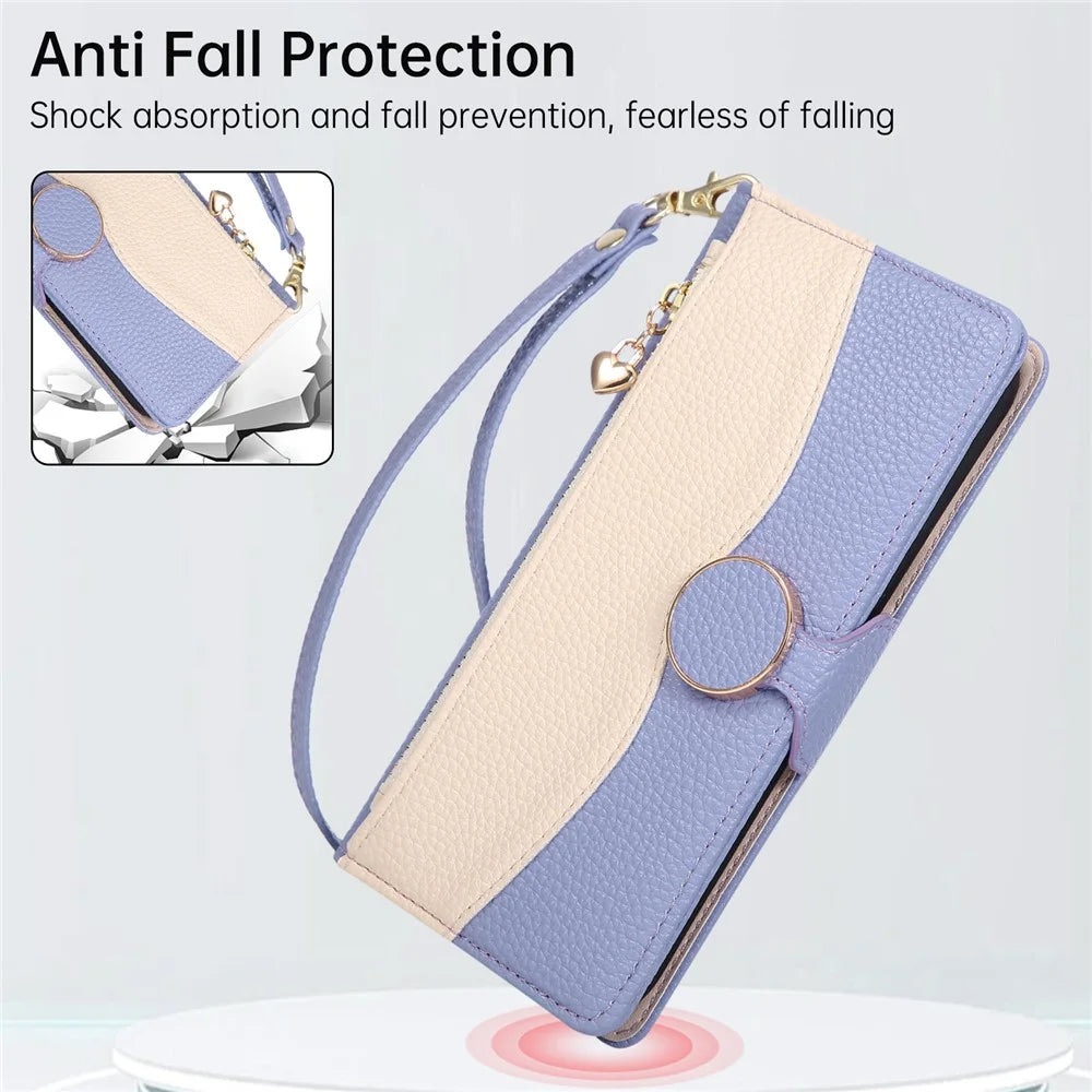 For iPhone 16 Pro Case Zipper Wallet Color Splicing TPU PU Leather Flip Phone Cover with Strap  - Purple - 7