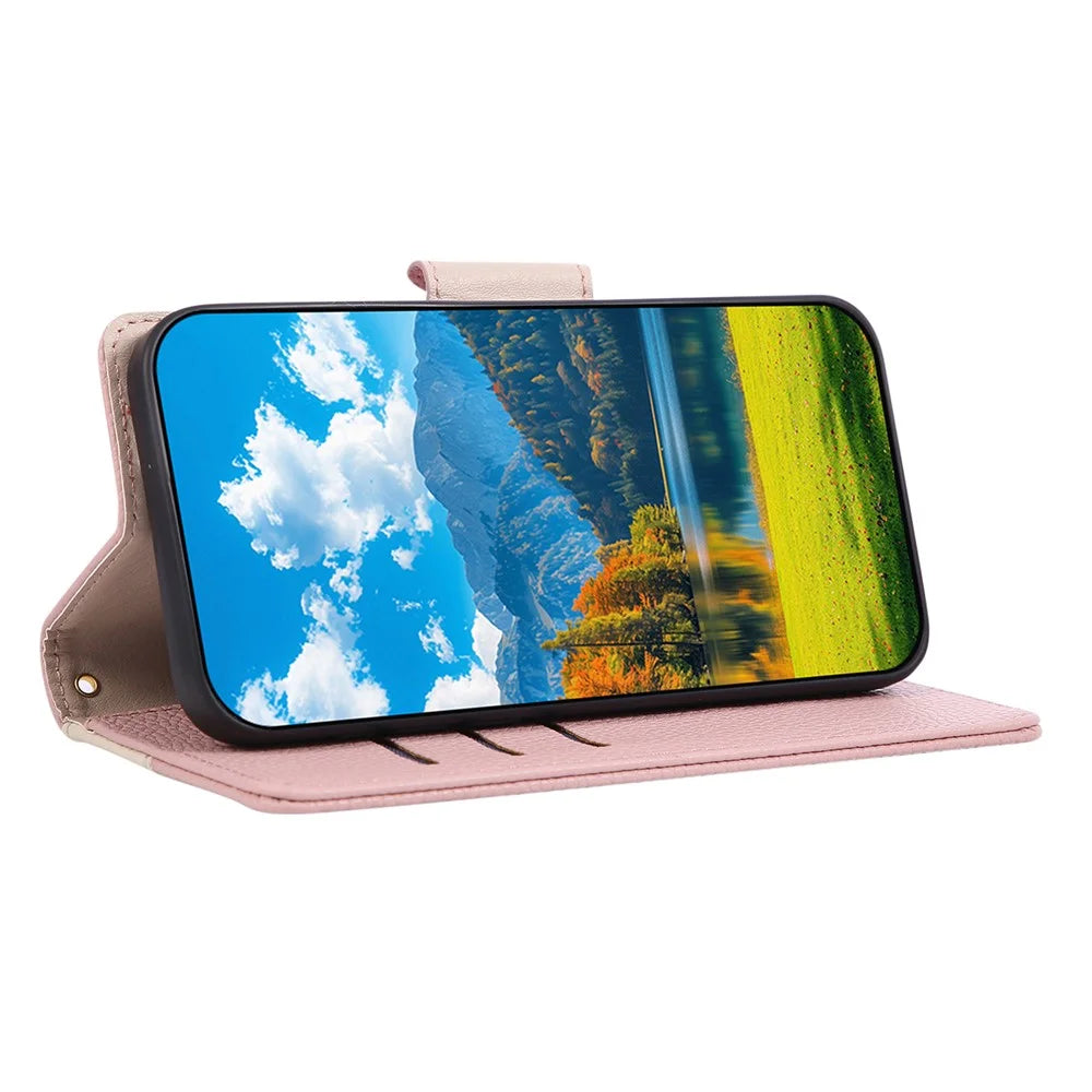 For iPhone 16 Case Zipper Wallet Color Splicing TPU PU Leather Flip Phone Cover with Strap - Pink - 2