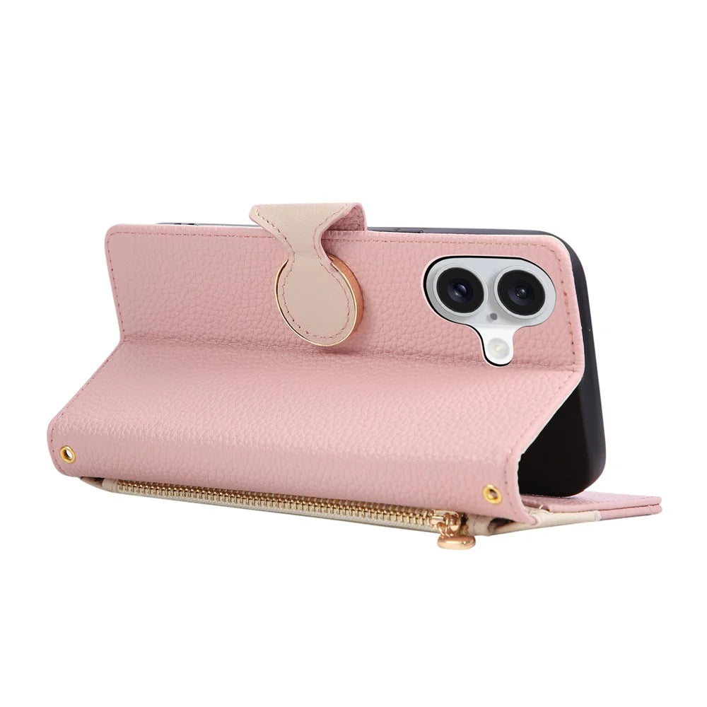 For iPhone 16 Case Zipper Wallet Color Splicing TPU PU Leather Flip Phone Cover with Strap - Pink - 4