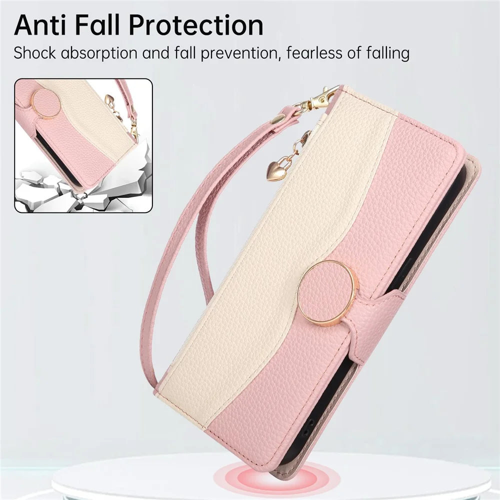 For iPhone 16 Case Zipper Wallet Color Splicing TPU PU Leather Flip Phone Cover with Strap - Pink - 6