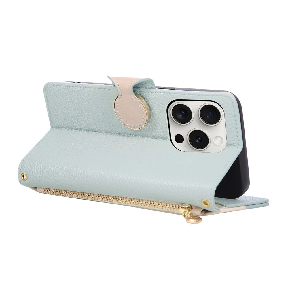 For iPhone 15 Pro Max Case Zipper Wallet Color Splicing TPU PU Leather Flip Phone Cover with Strap - Green - 4