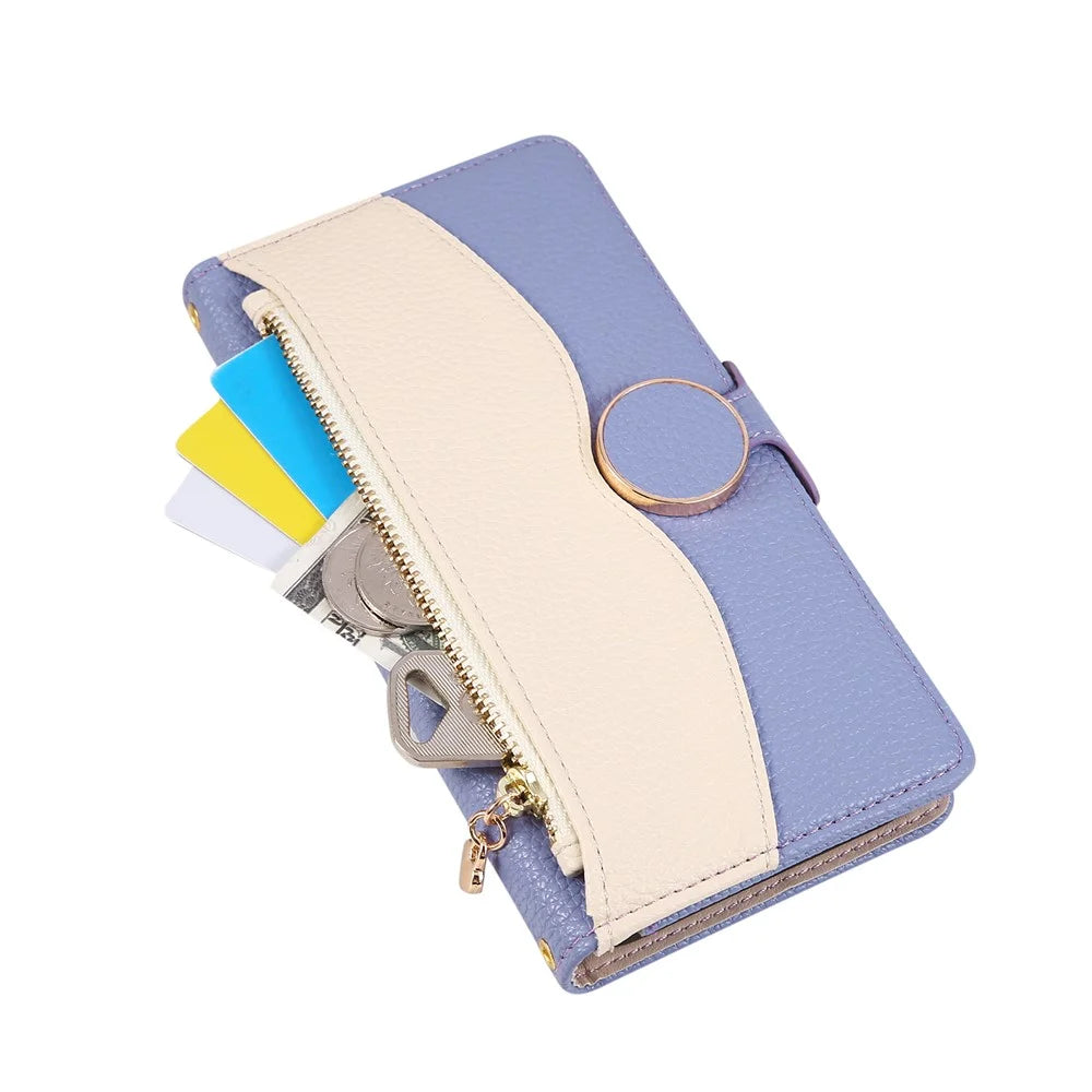For Samsung Galaxy A26 5G Case Zipper Wallet Color Splicing TPU PU Leather Flip Phone Cover with Strap - Purple - 5