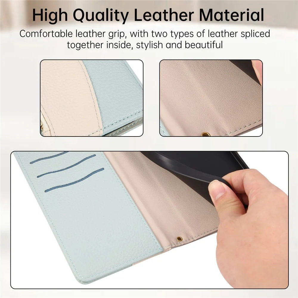 For Samsung Galaxy A36 5G Case Zipper Wallet Color Splicing TPU PU Leather Flip Phone Cover with Strap - Green - 6