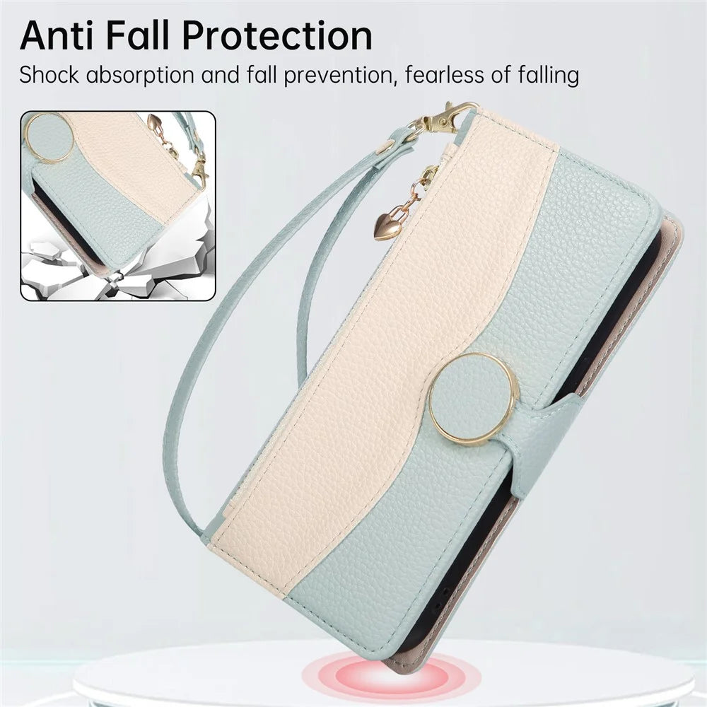 For Samsung Galaxy A36 5G Case Zipper Wallet Color Splicing TPU PU Leather Flip Phone Cover with Strap - Green - 7