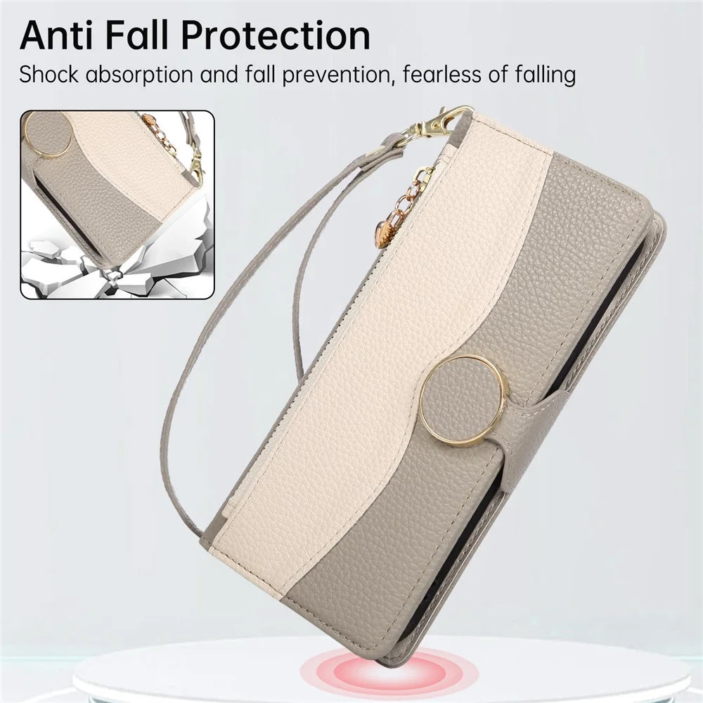 For Samsung Galaxy S25 Edge Case Zipper Wallet Color Splicing TPU PU Leather Flip Phone Cover with Strap - Grey - 7