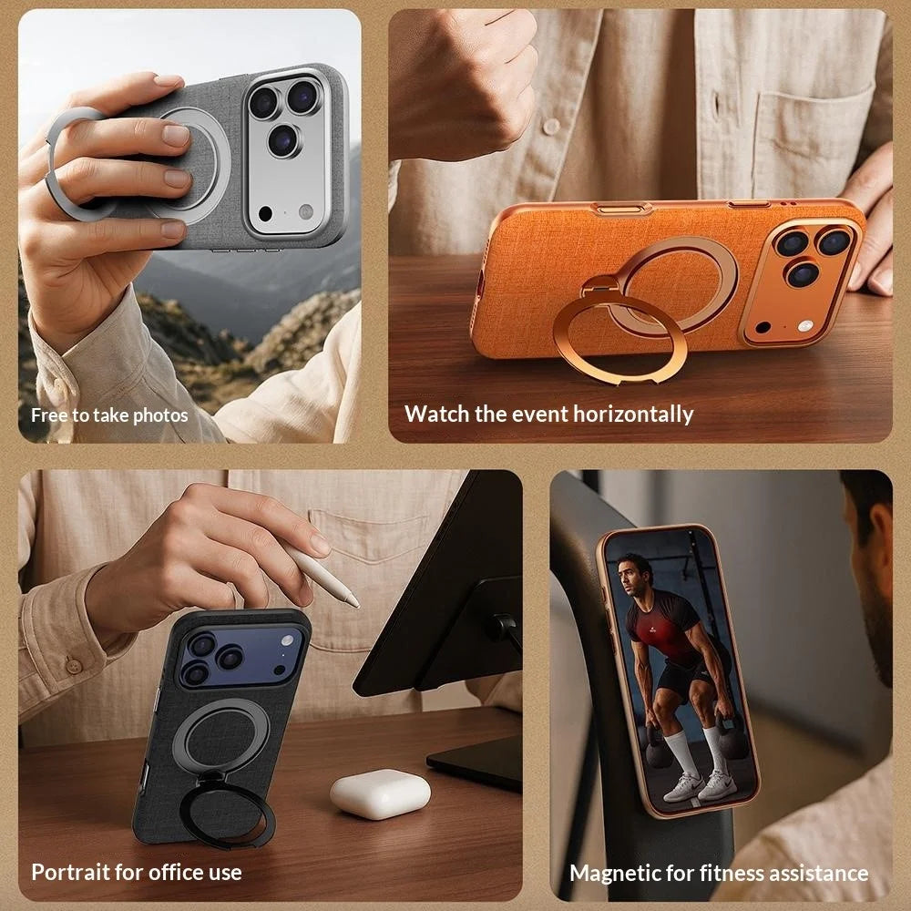 JAUCASE For iPhone 17 Pro Magnetic Case Linen Texture Rotary Ring Kickstand PC + TPU Phone Cover - Champagne Gold - 3