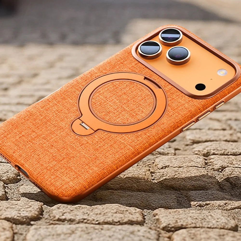 JAUCASE For iPhone 17 Pro Magnetic Case Linen Texture Rotary Ring Kickstand PC + TPU Phone Cover - Champagne Gold - 7