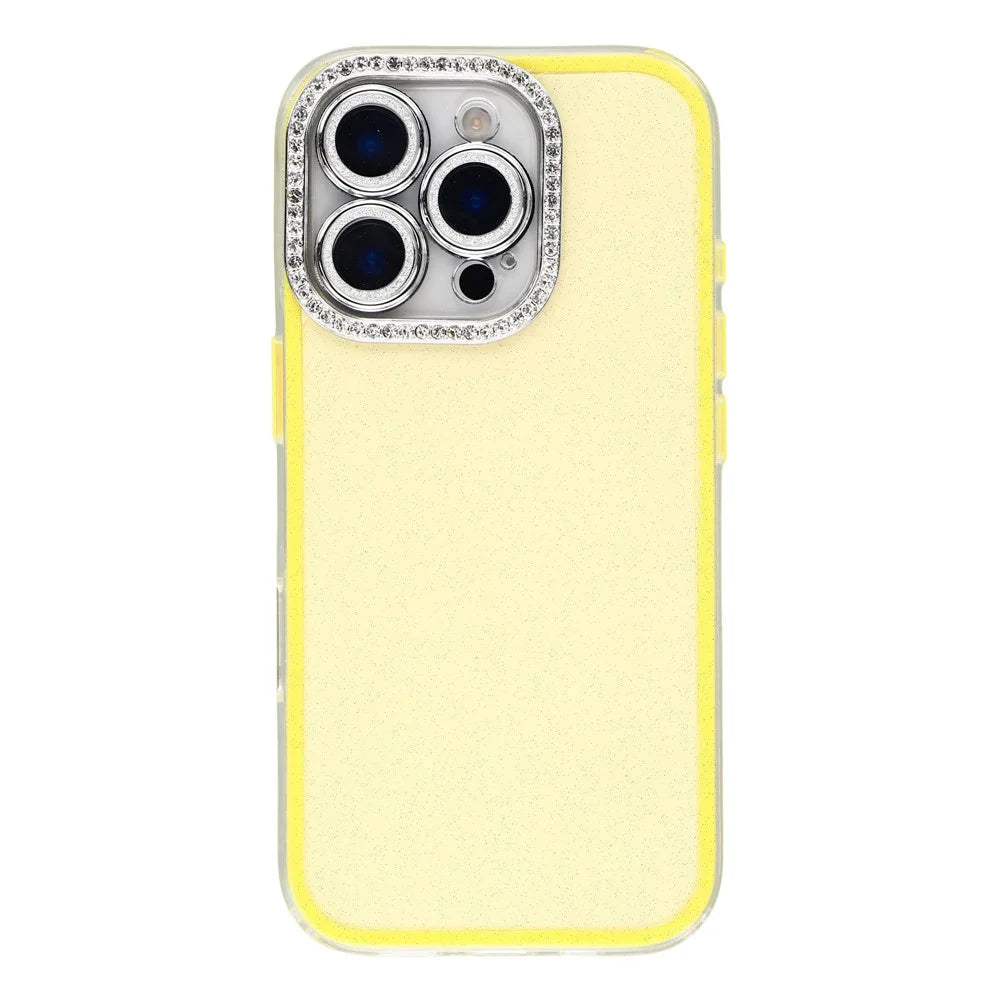 For iPhone 16 Pro Case IMD Glitter Acrylic + TPU Phone Cover with Rhinestones Acrylic Camera Lens Protector - Yellow - 3