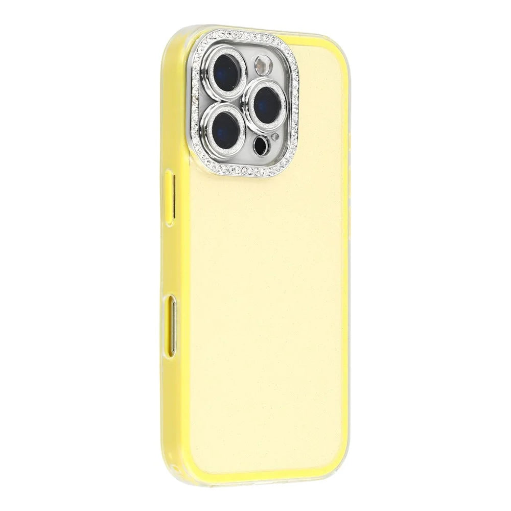 For iPhone 16 Pro Max Case IMD Glitter Acrylic + TPU Phone Cover with Rhinestones Acrylic Camera Lens Protector - Yellow - 1