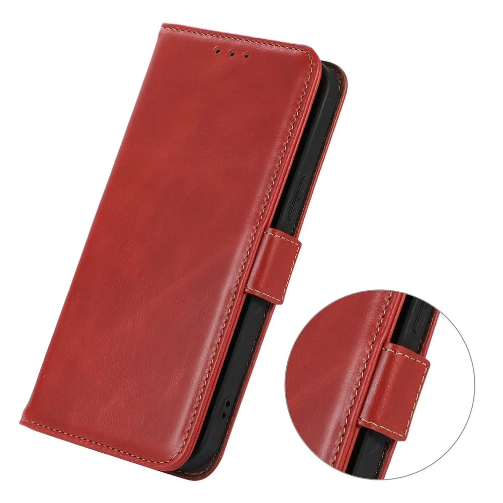 For OnePlus 15R 5G / Ace 6T 5G / Ace 6 5G Case RFID Blocking Genuine Cow Leather Wallet Phone Cover - Red - 5