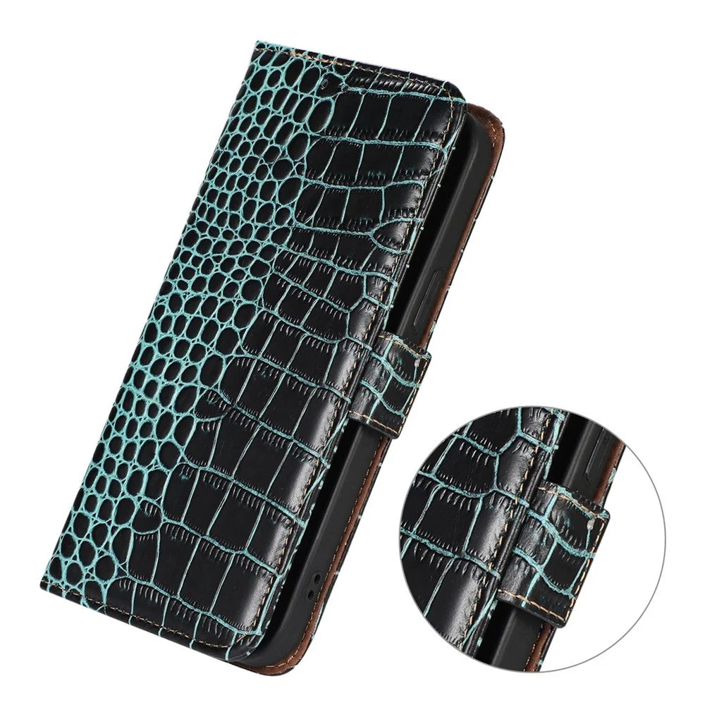 For Samsung Galaxy A37 5G Case RFID Blocking Wallet Crocodile Texture Genuine Cow Leather Phone Cover - Green - 5