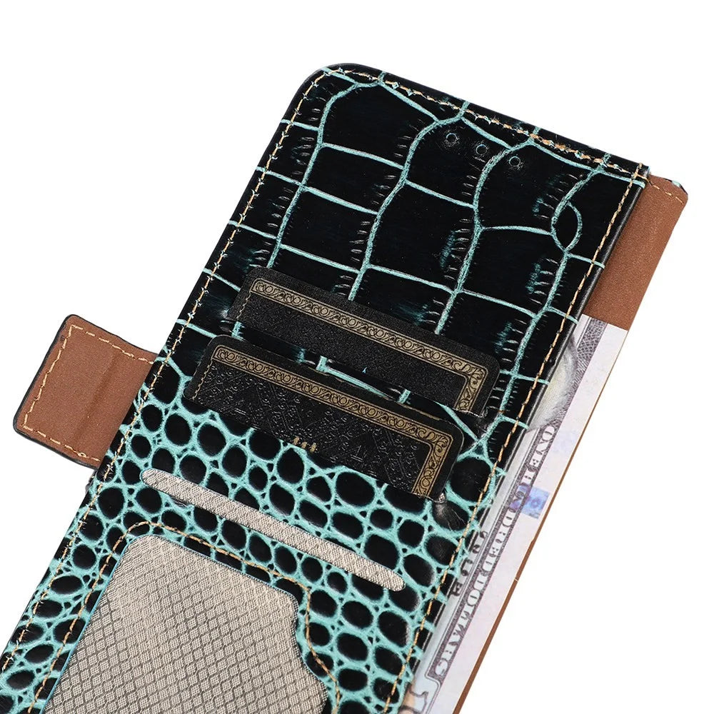 For Samsung Galaxy A37 5G Case RFID Blocking Wallet Crocodile Texture Genuine Cow Leather Phone Cover - Green - 6
